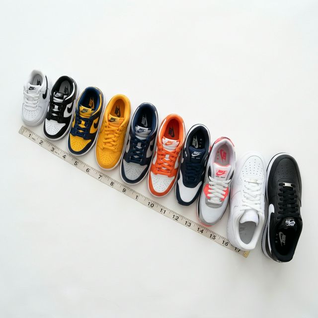 Zapatillas Nike de distintos talles ordenadas de menor a mayor junto a una cinta métrica